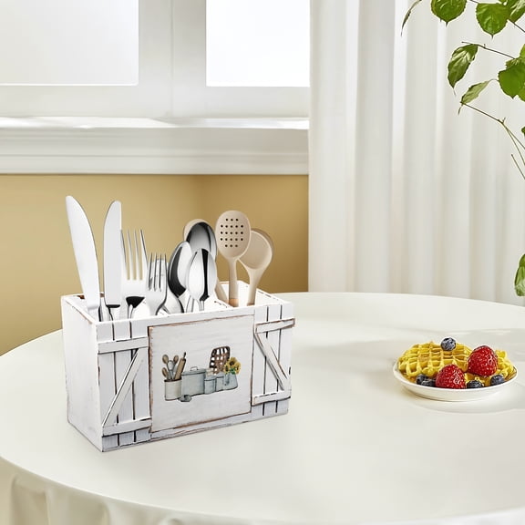 Ikoopy Kitchen Utensil Holder with 3 Compartments Wood Utensil Caddy Large Capacity Flatware Organizer for Forks Spoons Knives Spatulas