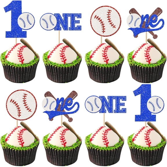 Baseball 1st Birthday Cupcake Toppers, 12 Pack Blue & Red Glitter Baseball Themed Cupcake Picks, Rookie of the Year Cake Decorations for Baby First Birthday Party Supplies