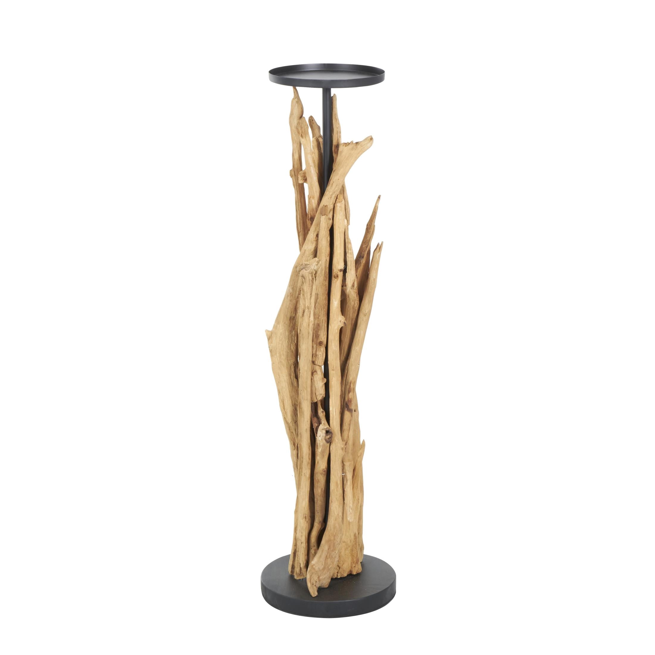 DecMode Brown Teak Wood Handmade Tall Tree Branch Floor Candle Holder with Black Metal Accents