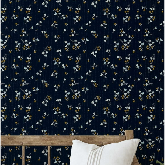 S4Sassy Peel and Stick Wall Covering, Petite Midnight Floral Wallpaper Removable Wallwrap - Blue Instant Wall Mural for Bedroom, Bathroom, Laundry Room, Closet Interior (25"x120" inch)