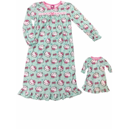 Hello Kitty Nightgown - Girl Hello Kitty Cat Nightgown & Blue Hearts & Pink Hearts Doll Night Gown Set