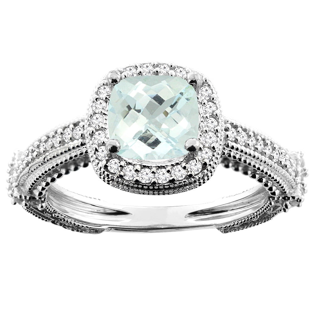 14K White Gold Natural Aquamarine Ring Cushion 7x7mm Diamond Accent, size 5 by Gabriella Gold