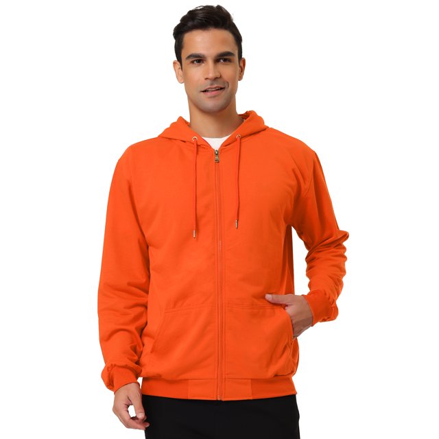 Sudadera con capucha para hombre, con cremallera completa, manga larga, ligera, sólida, deportiva, con capucha naranja L Unique Bargains Sudadera