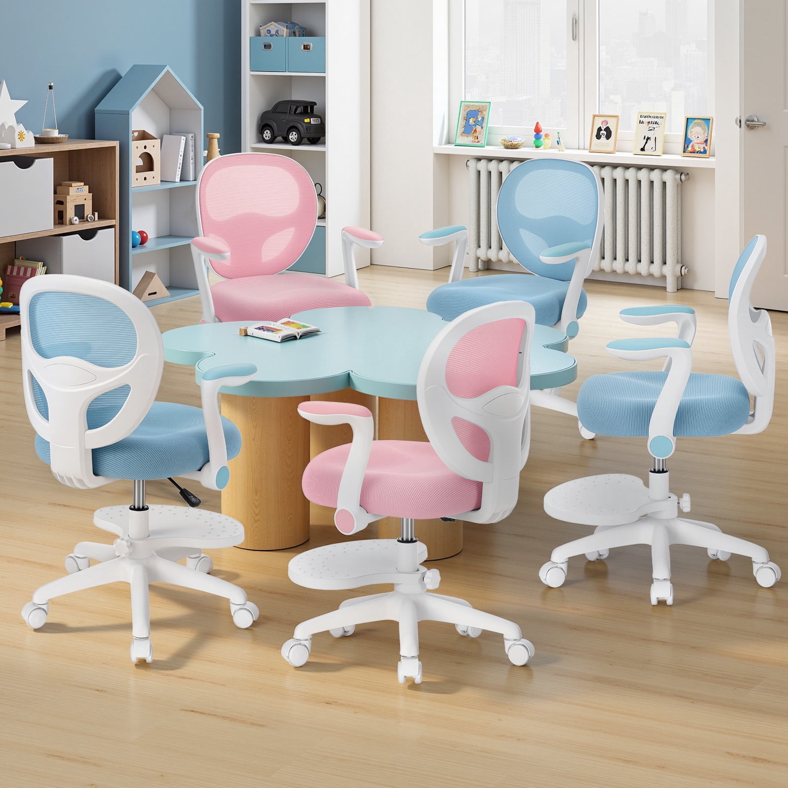 Hoffree Kids Desk Chair with Flipped Arms Wheels Ergonomic Study Chair with Footrest Adjustable Height Rolling Desk Chair for Teens Boys Girls in Study Room Blue