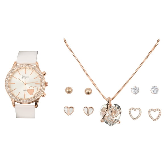 Valentine's Day Beautiful Ladies I Love You Forever 6 pc Jewerly Set with Colorful Rubber Band Bling Watch - Matching Earrings and Heart Pendent Necklace - ST10370 (Rose Gold White)