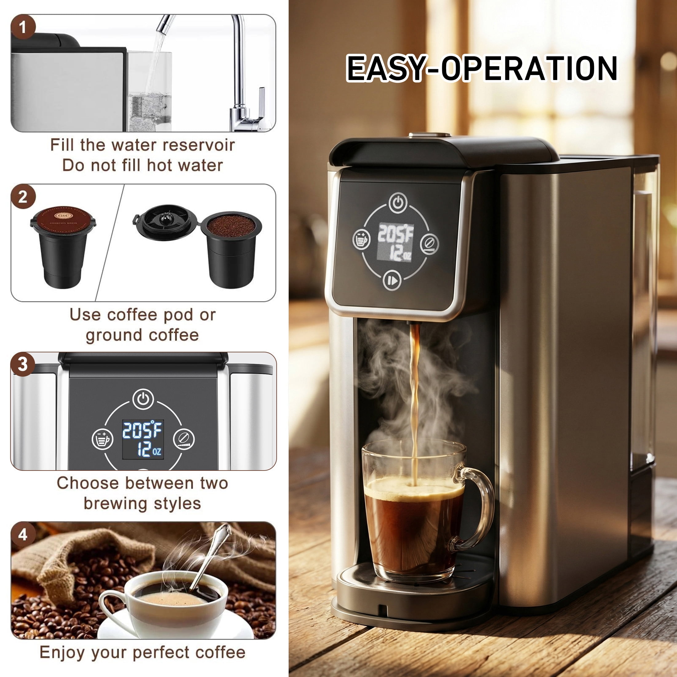 SIFENE 3 in 1 Single Serve Coffee Maker: Coffee Machine Compatible with K Cup Capsules & Grounds, Instant Coffee Pot, Tea Maker Brewer with Digital Dispaly, 120V 1150W, Black