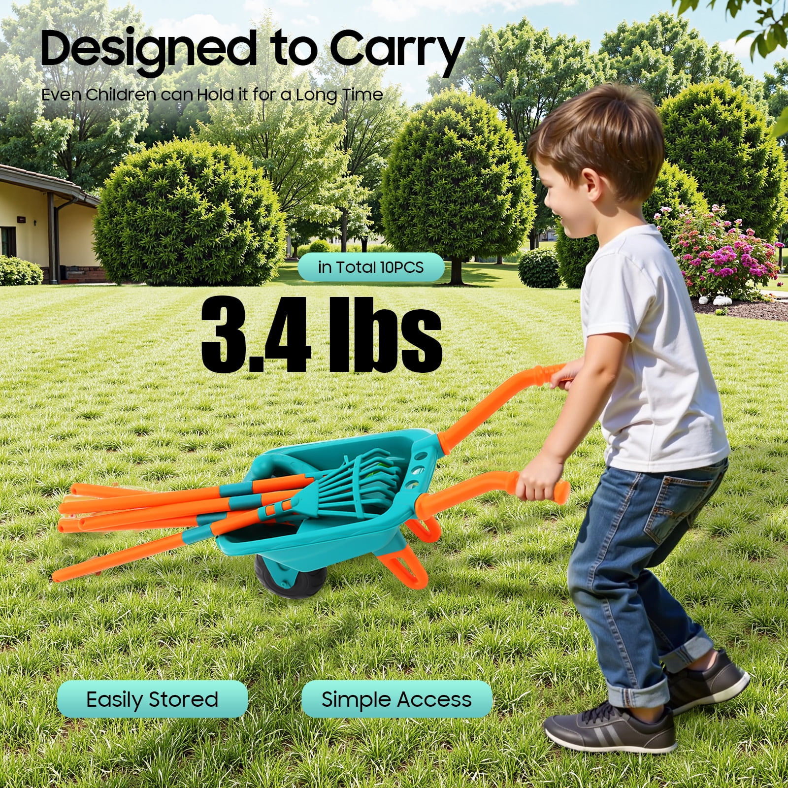 OUTGOO Kids Gardening Tools Set, 10pcs Kids Gardening Tools with Wheelbarrow, Shovel, Rake, Leaf Rake, Outdoor Toddler Toys Yard Digging Weed Pretend Toys for Boys Girls Age 3+