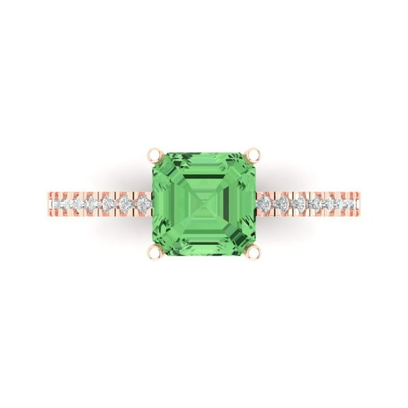 2.7ct Asscher Cut Green Crystal 14k Pink Rose Gold Engraving Statement Bridal Wedding Designer Ring Size 7.5