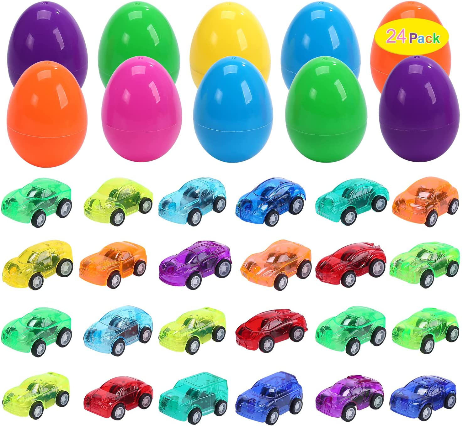 Kicko Surprise Filled Eggs with Mini Pull Back Cars 24 Pieces  2 Inch Assorted 