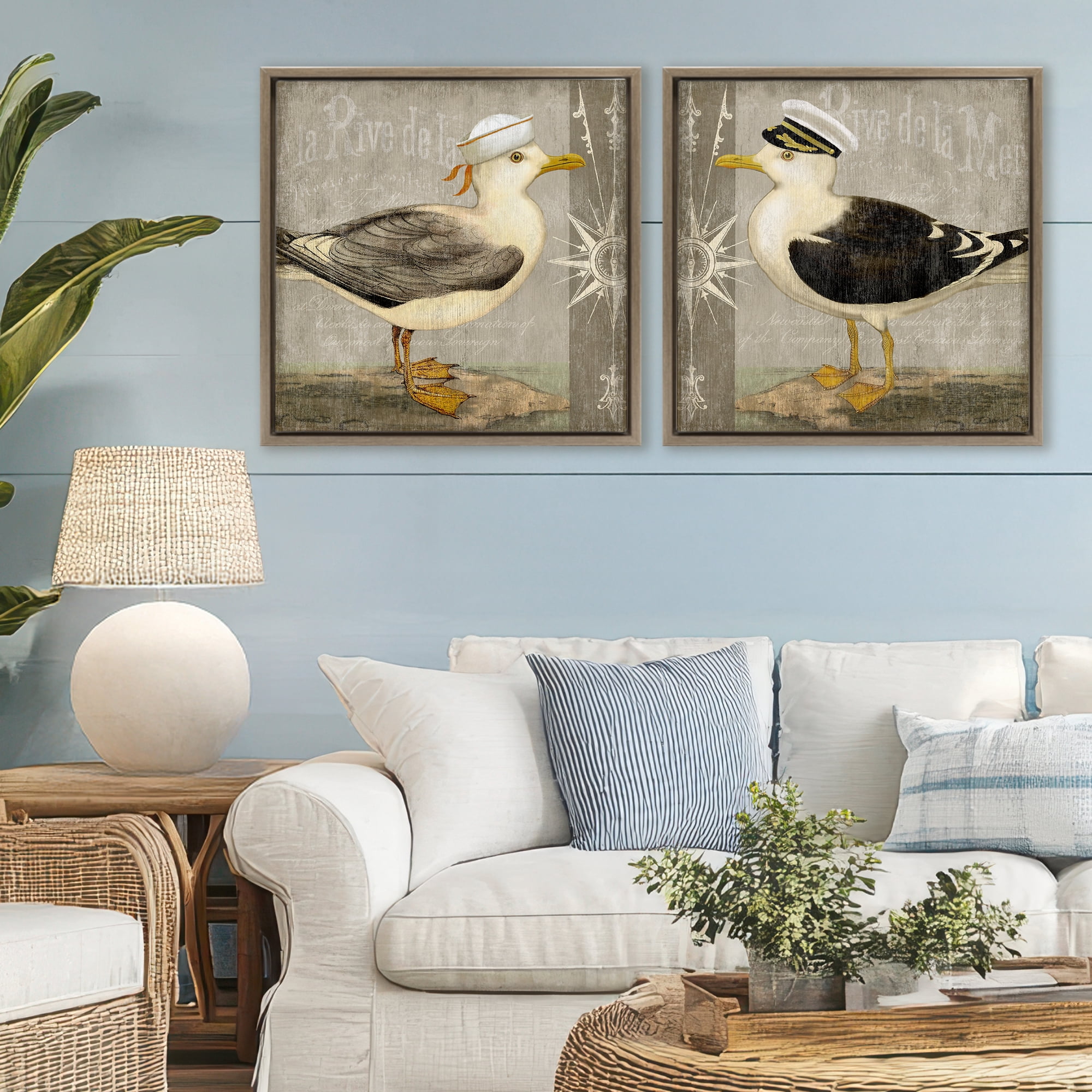 Stupell Industries Little Seagulls with Hats 2 Piece Brown Framed Floater Canvas Set, design by Suzanne Nicoll