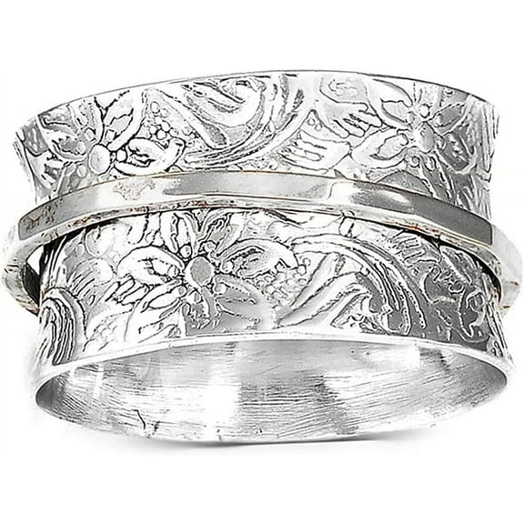 Stainless Steel Floral Pattern Chunky Size Rotating Spinner Band Ring