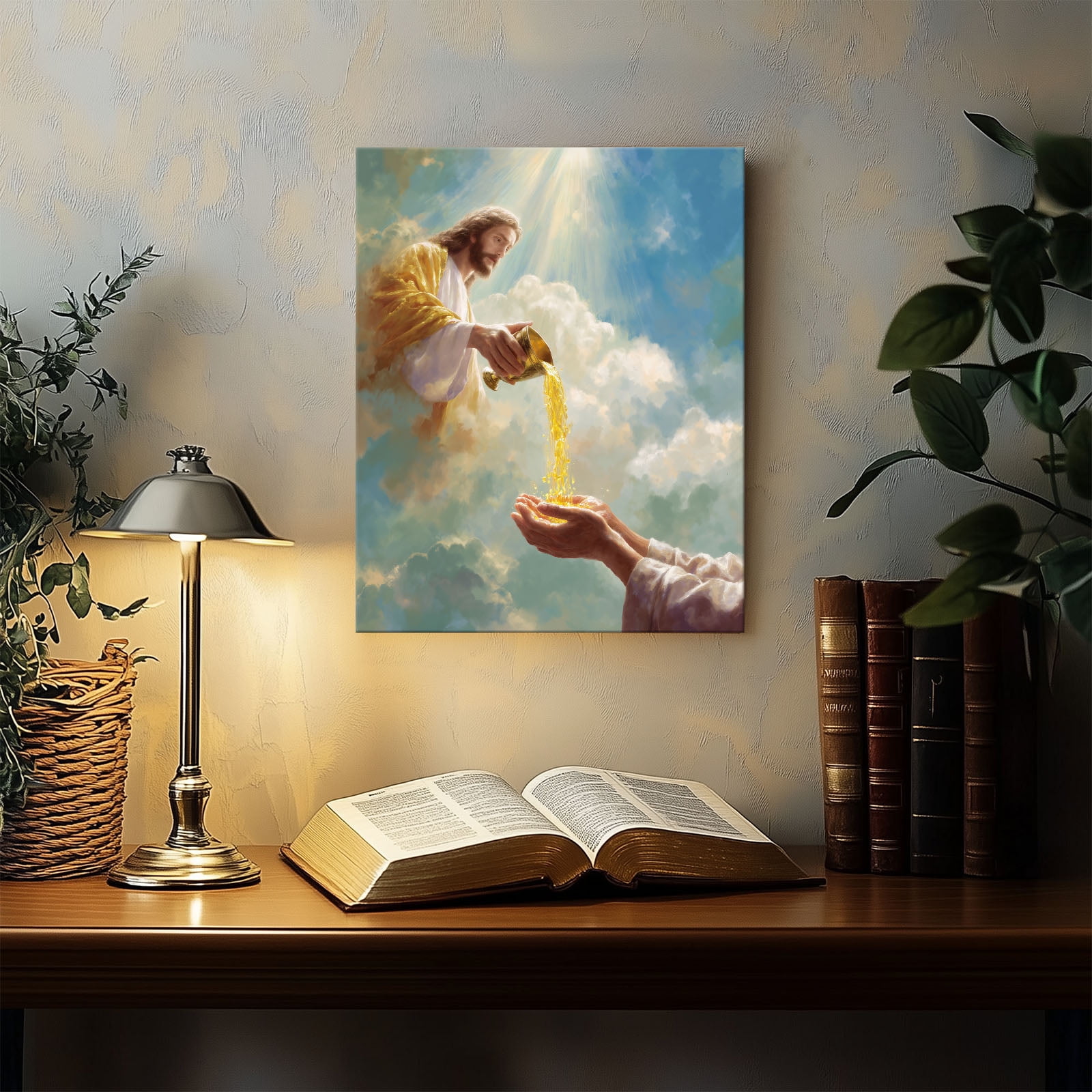 P&L Art Framed Canvas Wall Art - 24"x30" Divine Blessing Jesus Pouring Golden Grace Christian Faith Spiritual Home Church Large Statement Wall Decor