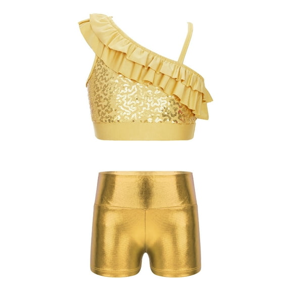YONGHS Kids Girls 2-Piece Tracksuit Gymnastics Dance Outfit Sequin Ruffle Crop Top with Shorts Gold 6