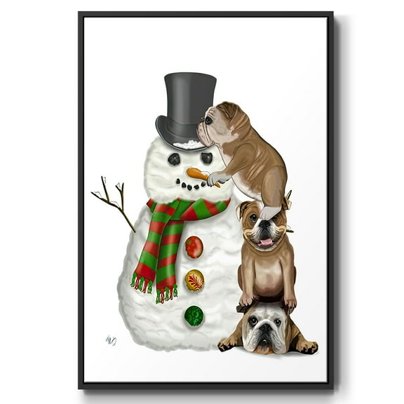 Christmas English Bulldogs Building Snowman - Framed Gallery Wrapped Holiday Canvas - 17 x 25 - Black Frame