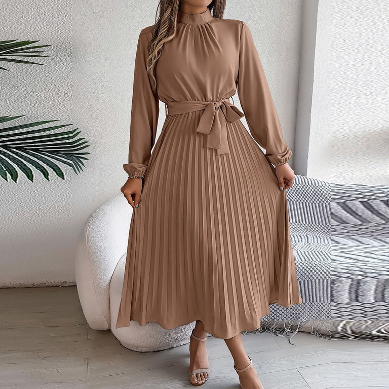 Jinhomg Maxi Dresses for Women Flowy Swing A Line Pleated Dress Elegant Long Sleeve Mock Neck Gown Dresses with Belt Khaki S, Women's, Size: Small,