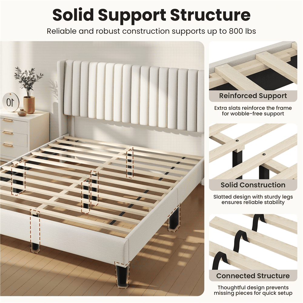 Renwick Queen Upholstered Platform Bed Frame with Channel Tufted Headboard, Ivory
