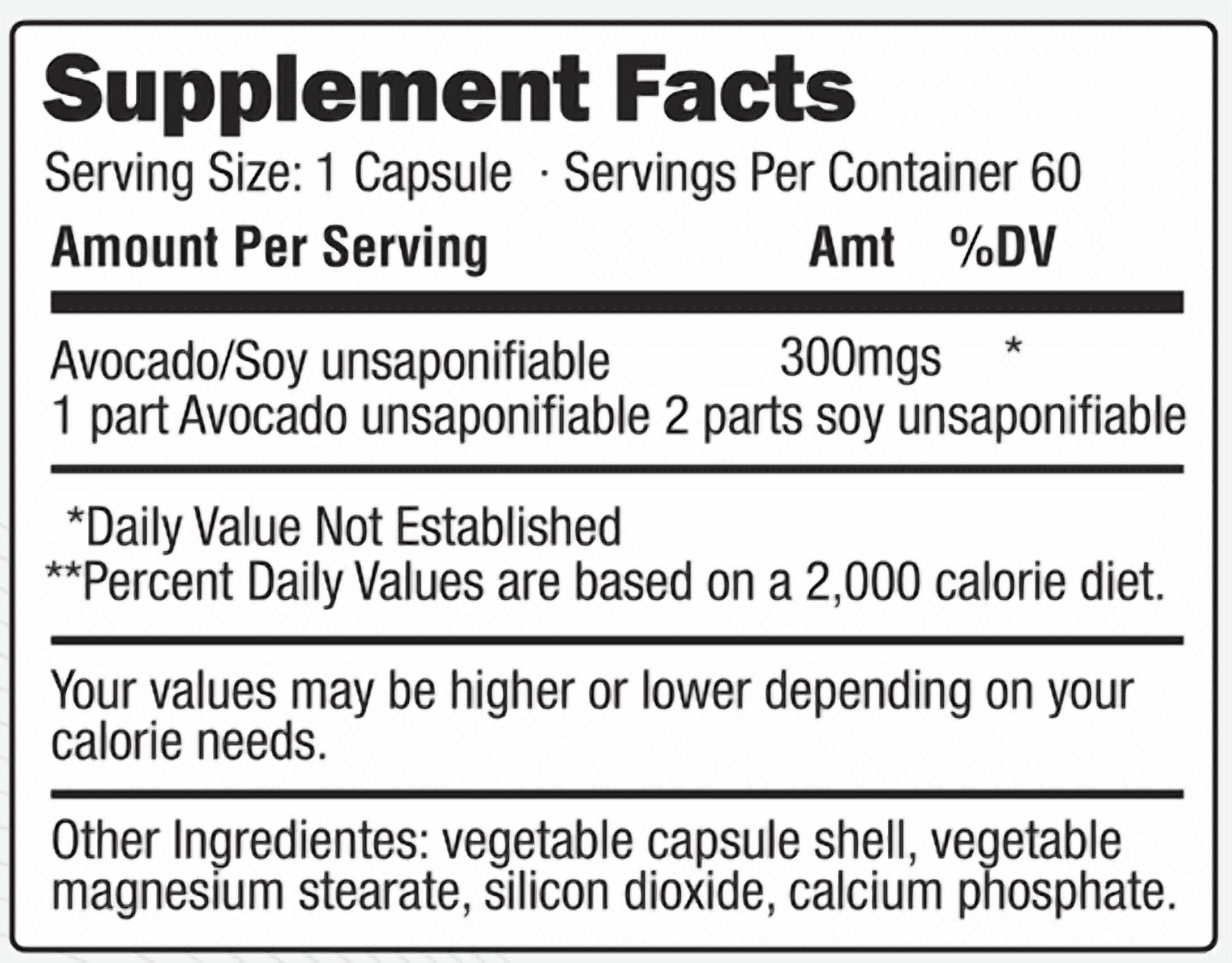 AvaSun Joint Health Support Supplement, Backed by Science, Avocado Soy Unsaponifiable, 300Mg ASU, Plant Based, Dairy Free, Gluten Free, Non-GMO, 60 Daily Capsules per Bottle (12 Month Supply)