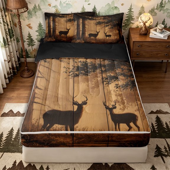 Castle Fairy Rustic Wood Plank Deer Zipper Twin Comforter Sets with Fitted Sheet and 2 Pillowcases for Boys,Fall Jungle Animal Zipper Bedding Set,Sepia Brown Black,Black Reversible,4-Piece