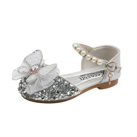 

NIEWTR Girls Dress Shoes Wedding Party Heel Mary Jane Princess Flower Shoes for Party Wedding(Silver 24)