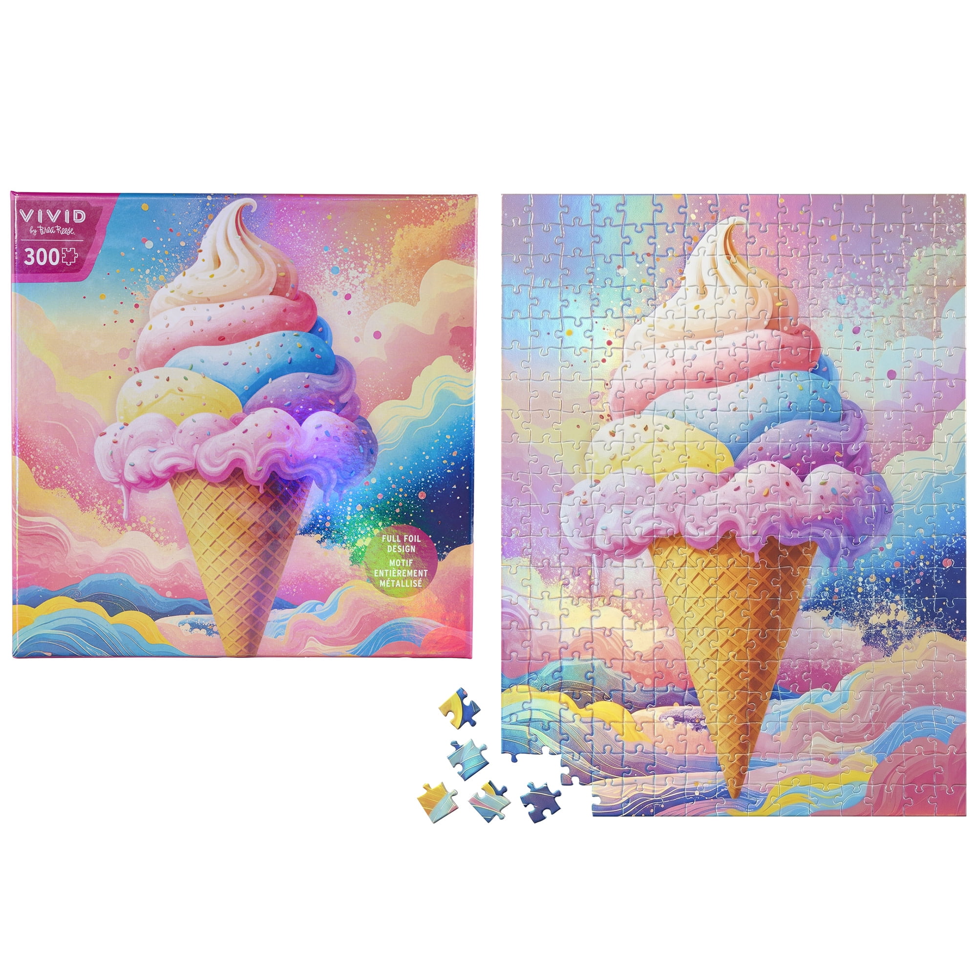 Vivid by Brea Reese: 300 Piece Puzzle - Ice Cream - Pastel Dessert Cloud Sky Scene Jigsaw, Holographic Foil, Soft-Touch Pieces, Image Reference Poster