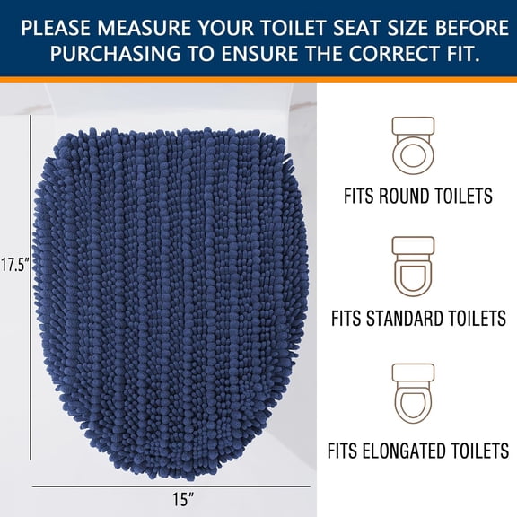 Soft Chenille Bathroom Toilet Lid Cover 17.5x15, Machine Washable Seat Covers, Stays in Place Non-Slip Backing, Fits Most Round, Elongated and Oblong Lids, Accessories Decor, Navy