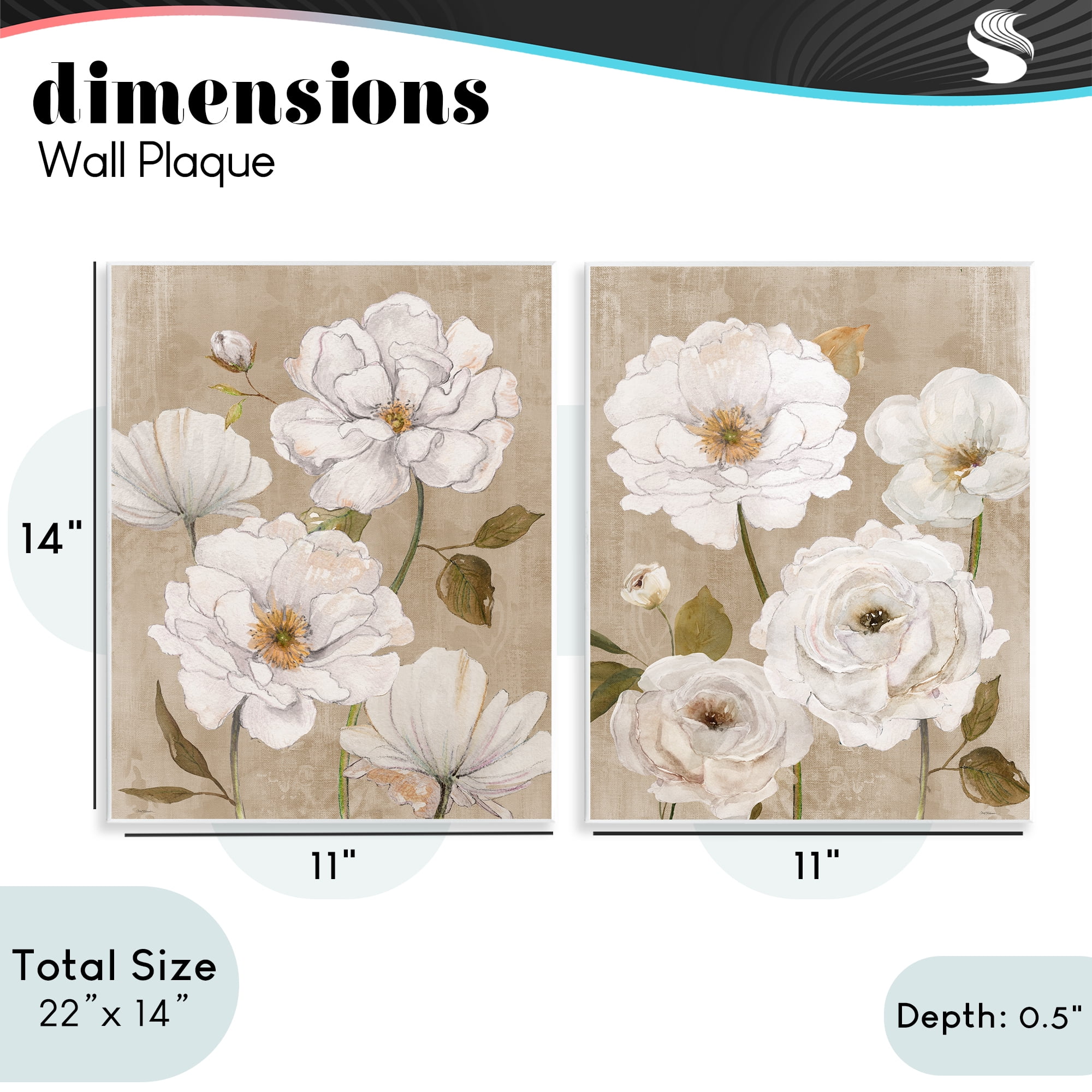 Stupell Industries White Blooms over Neutral 2 Piece Wall Plaque Art Set, design by Carol Robinson