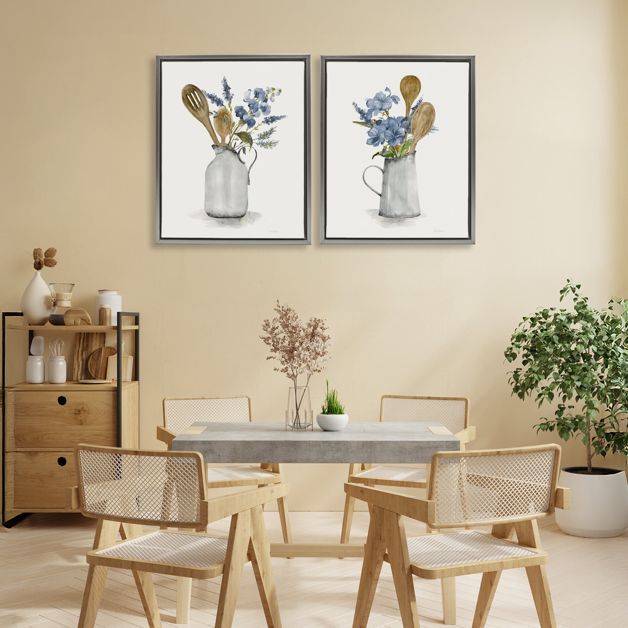 Stupell Industries Kitchen Pitcher Bouquets 2 Piece Gray Framed Floater Canvas Set, design by Carol Robinson