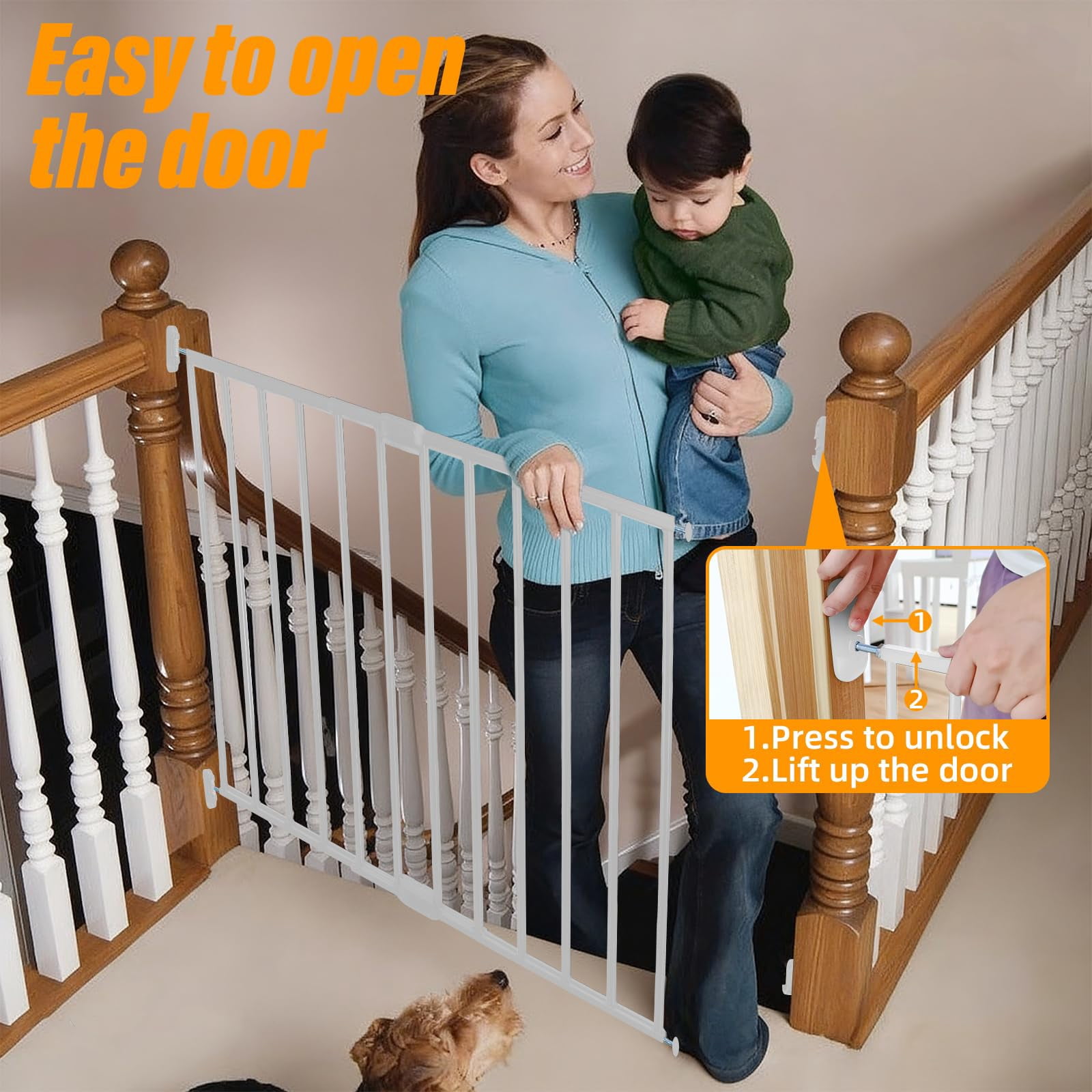 Adjustable Pet Safety Swing Gate, Hardware-Mounted Metal Gate for Stairs and Doorways, Secure Latch for Pets (White, 24"-40.5" W x 28.75" H)