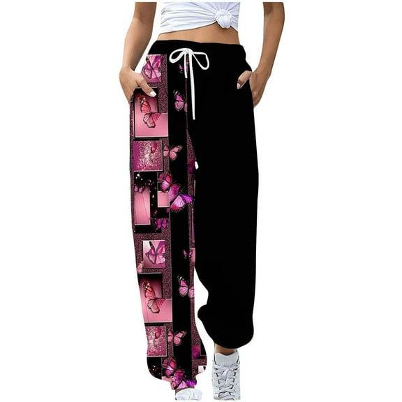 Jjayotai Womens Pants Clearance Sweat Pants for Womens, Floral Printed Sports Pants, Drawstring Loose Casual Wide Leg Sweatpants Women, Womens Long Pants with Pockets Multicolor~ M