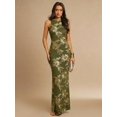thumbnail image 3 of Army Green Jacquard Sleeveless Fitted Maxi Dress With Gold Floral Embroidery, Low Back, 3 of 7