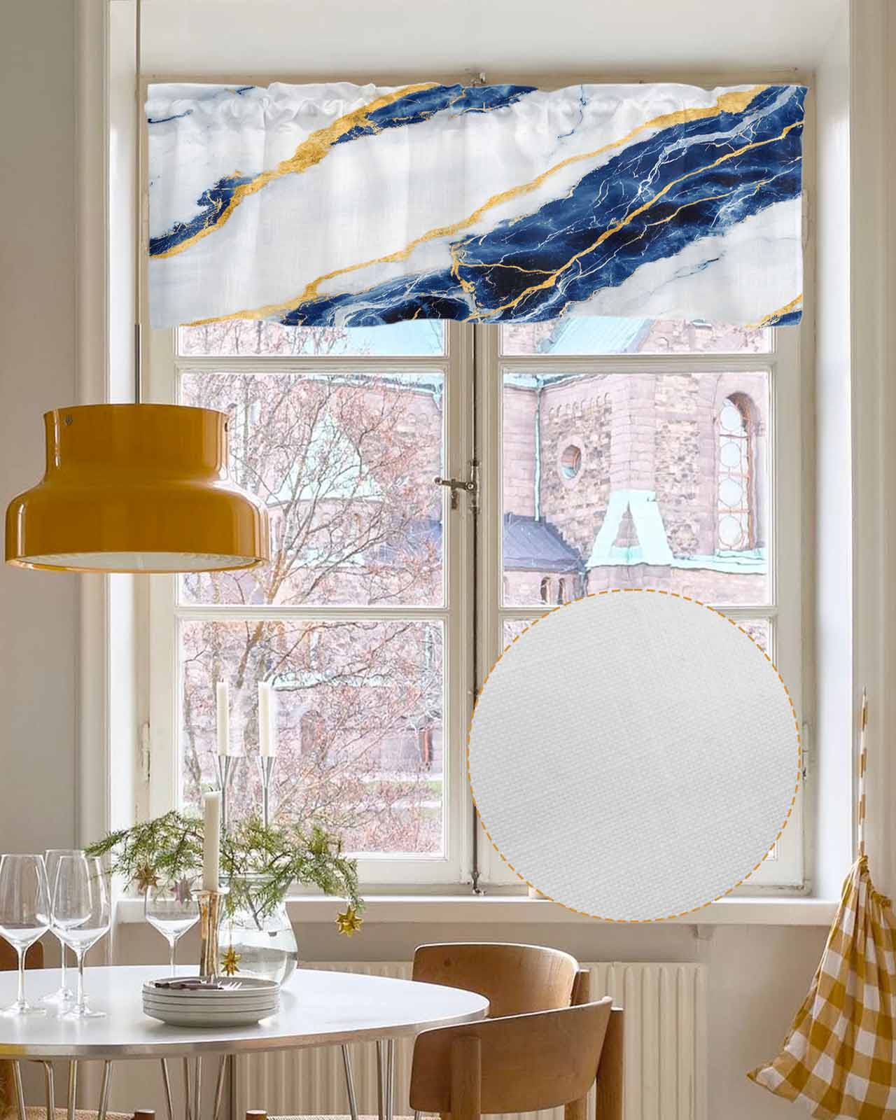 Marble Blue Kitchen Valances for Windows Farmhouse Linen Window Valance Curtain for Living Room Window Treatment Gold Foil Ceramic Style Cracks Scratches Valance Rod Pocket Topper Drape, 60 x 18 Inch