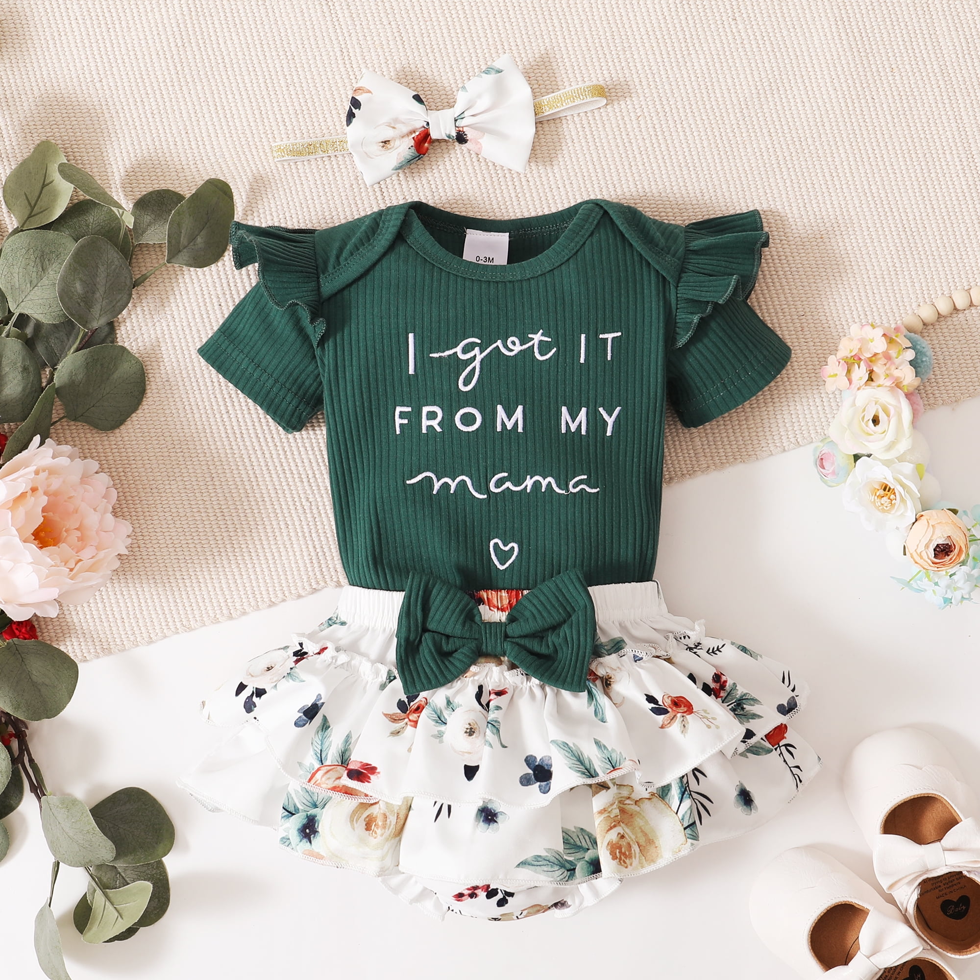 Baby Girl Letter Embroidered Waffle Ruffle Short-sleeve Romper