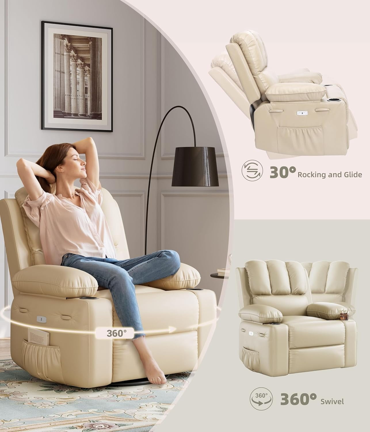 Oversized Electric Power Recliner Chair with Heat & Massage - 360° Swivel Rocker Recliner for Living Room, PU Leather Recliner with 1.5X Sponge Filling, 22" Large Seat Lazyboy Style.
