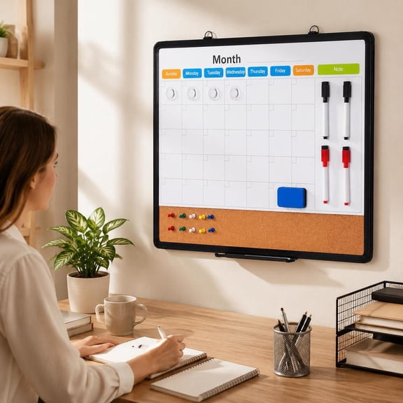 Calendar Whiteboard Cork Board Combo, Aluminum Frame, Magnetic Dry Erase, 24X18 Inches, Wall Mounted, Monthly Planning, Bulletin Board