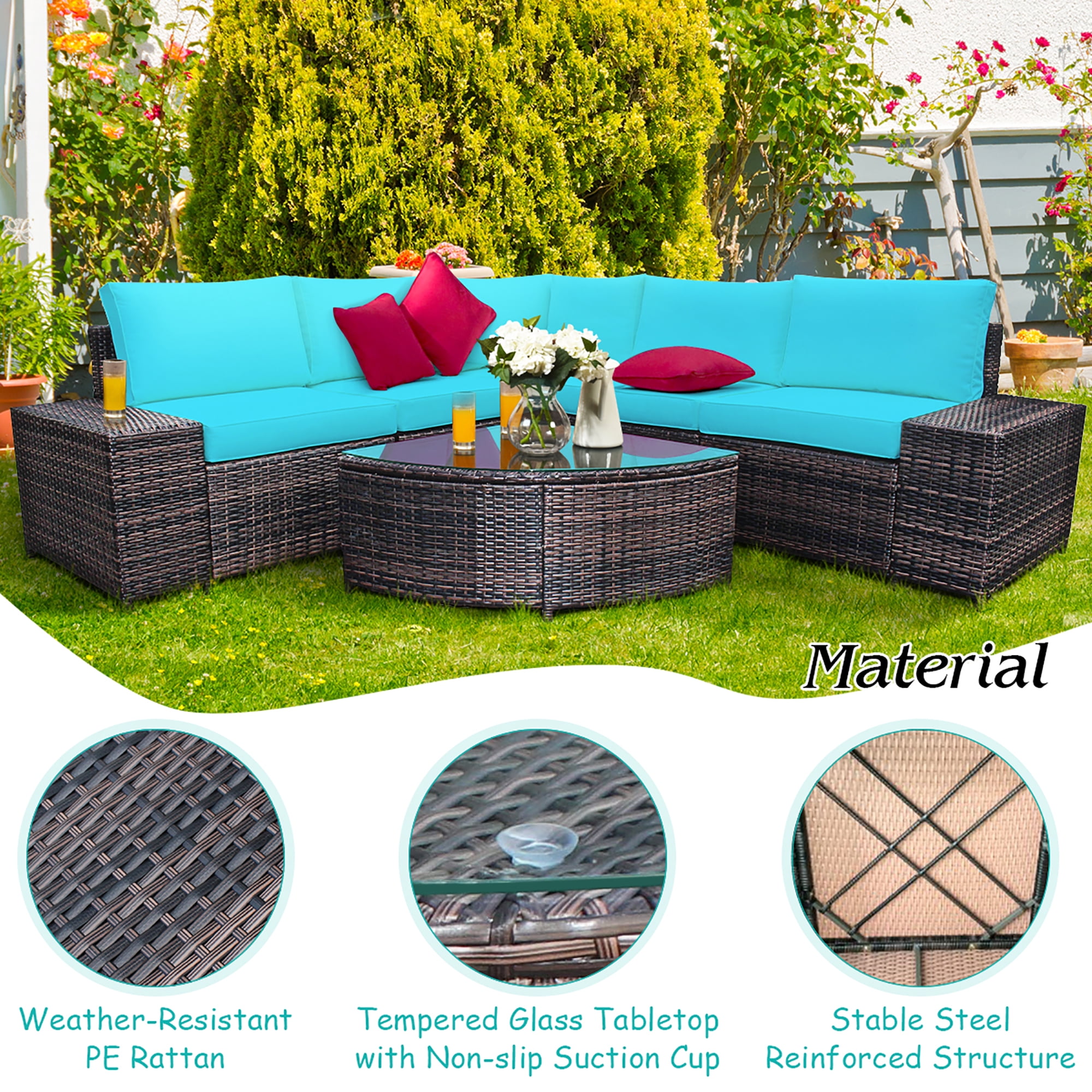 Costway 6PCS Rattan Furniture Set Conversation Cushioned Sofa Armrest Garden Turquoise