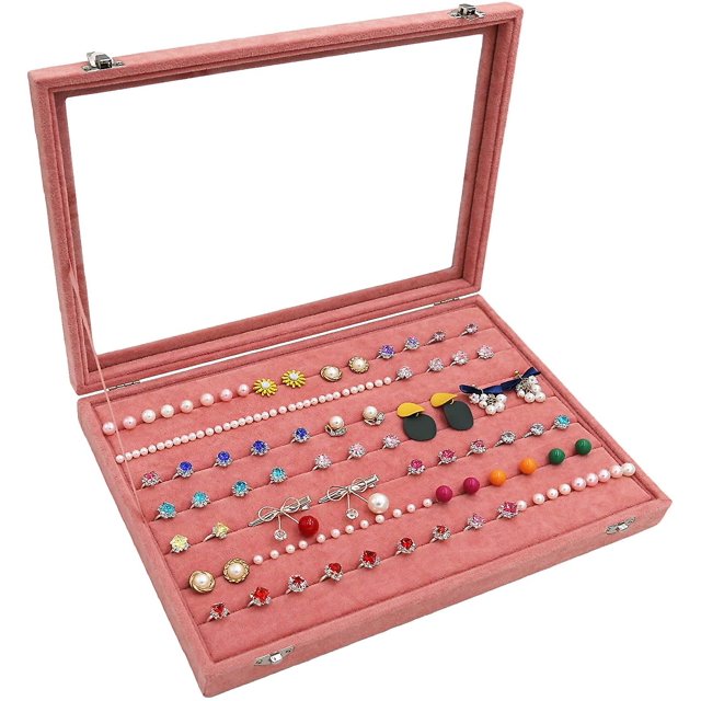 Wuligirl Caja organizadora de joyas con tapa transparente de terciopelo, bandeja apilable para almacenamiento de joyas, escaparate (caja de anillos)