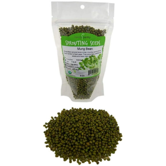 Mung Bean Sprouting Seed: 8 Oz - Organic, Non-GMO - Handy Pantry Brand - Dried Mung Beans for Sprouts, Garden Planting, Chinese & Asian Cooking, Soup & More