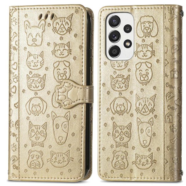 Funda Cartera FOXDOCK para Samsung Galaxy A53 5G , Flip PU con Relieve de Gatos y Perros, Tarjetero y Soporte