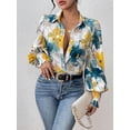 thumbnail image 4 of Women'S Floral Dressy Casual V Neck Button Down Shirts Lantern Long Sleeve Boho Chiffon Fall Tops Blue & Yellow S, 4 of 8