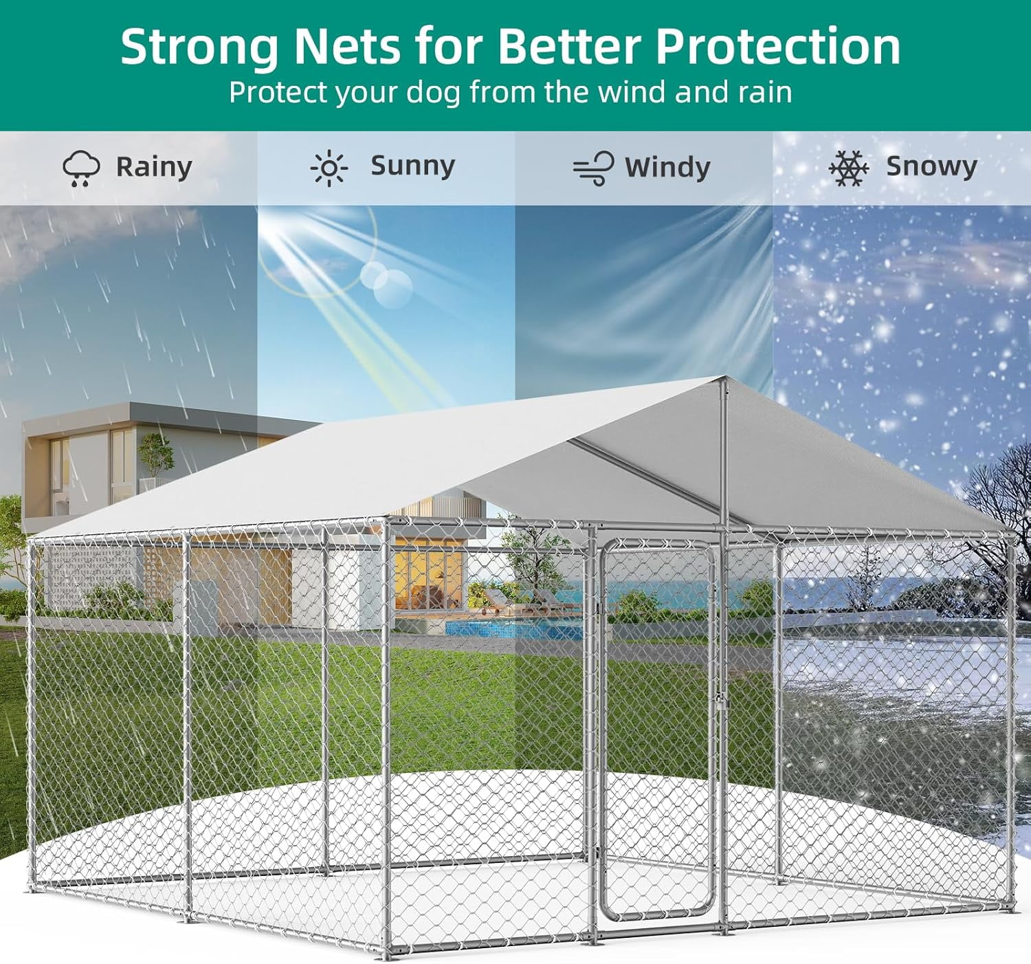 10x10 Outdoor Dog Kennel Outside Heavy Duty Dog Enclosure with Waterproof UV-Resistant Cover and Security Lock (120" Lx120 Wx84 H)
