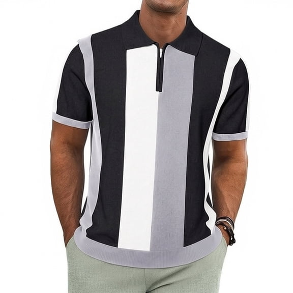 Ceisia Men's Color Block Striped Knit Polo Shirt with Quarter-Zip Black L Gifts for Father
