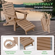 Ciokea Folding Adirondack Chair with Ottoman HDPE Pool Chair Pull Out Footrest with 2 Cup Holders Patio Garden Teak