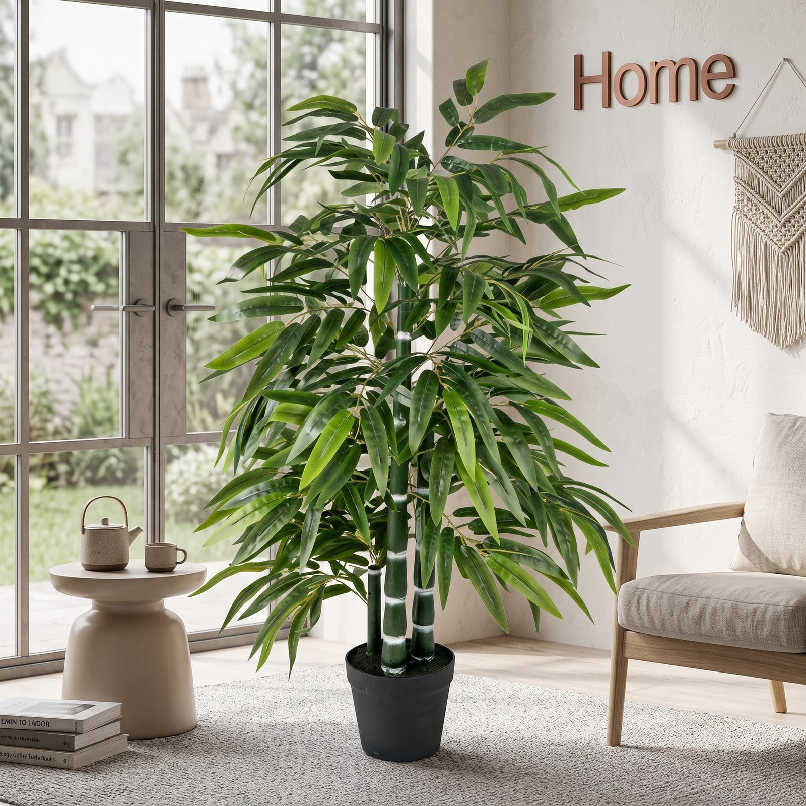 ALPULON 2 Pack Artificial Bamboo Tree 50 Inch Fake Bamboo Plant with 3 PE Trunks and Weighted Cement Base for Indoor Home Office Floor Decor, Green