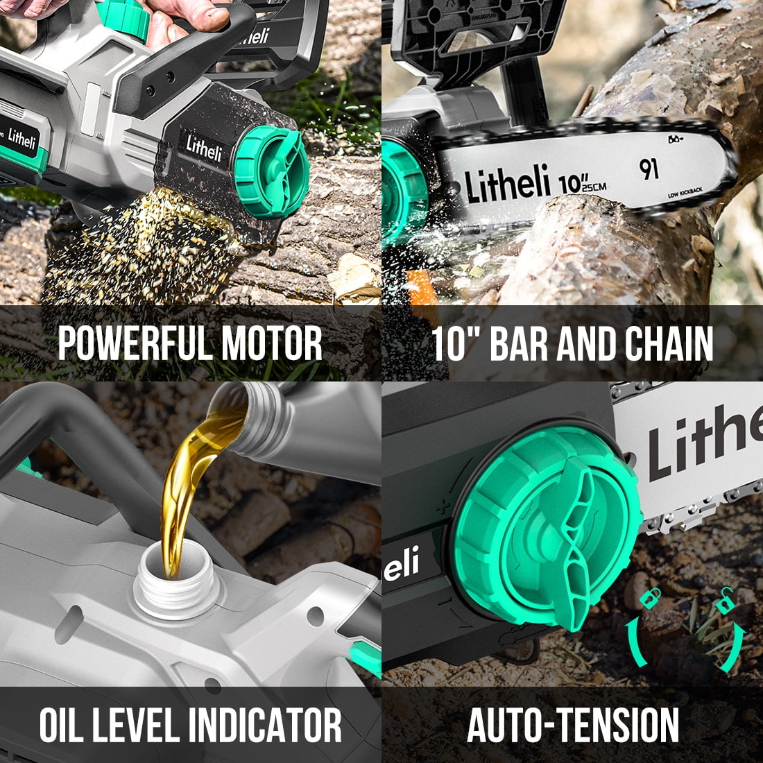 Litheli 20V 10" Cordless Handheld Chainsaw + 4.0Ah Battery Pack & Charger  for Tree Pruning, Branch Cutting, Yard, Garden