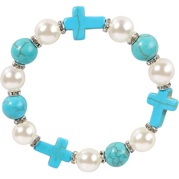Turquoise Bracelet for Women, Natural Stone Stretch Elastic Cross Bracelet Pearl Beaded Bracelet Adjustable Healing Bracelet Prayer Bracelet for Teen Girls Mother…