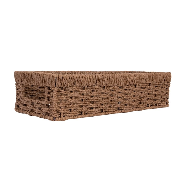 Woven Paper Rope Storage Basket with Built-in Handles, Rectangle Decorative Organizer Bins for Shelves and Closets, Boho Style Home Decor Tray for Living Room, Bathroom, and Pantry