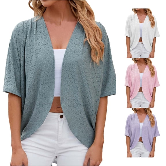 HCYSFG Womens Eyelet Lace Bolero Cardigan Open Front Short Sleeve Cropped Fit Lightweight Shrug Summer Office Wedding Evening Cover Up
