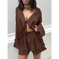 thumbnail image 4 of Women Casual Deep V Neck Knotted Tiered Chiffon Elegant Top Mini Short Swing Dresses Brown S, 4 of 8