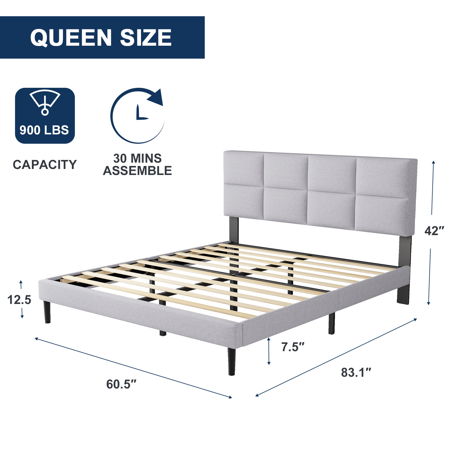 HAIIDE Queen Size bed Frame with Fabric Upholstered Headboard,light Gray, Easy Assembly - image 2 of 6