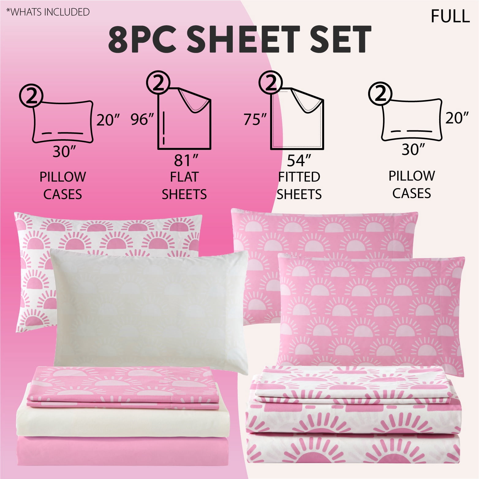 Urban Shop 8 Piece Pink Sunburst Mix and Match Sheet Set, Full